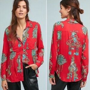 Anthropologie Maeve Whimsy Buttondown Shirt. Color: Red Motif.